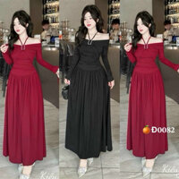 đầm bẹt vai tay dài khoen vuông đeo yếm cổ dáng dài thun tăm về 2 màu đỏ, đen sang chảnh, đi tiệc alohastore1