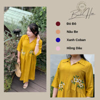 Đầm BH40 - Lụa Linen Xước dáng suông, cổ Sơ Mi - Tay lỡ thêu hoa Sang Trọng