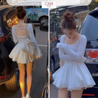 Đầm Bí Xoè, Đầm Babydoll, Đầm Xoè Trên Gối Tay Dài Hở Lưng Cho Nữ