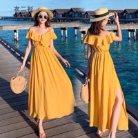 Đầm biển maxi 2 dây trễ vai có xẻ tà thướt tha thanh lịch màu sắc cực đẹp chất đũi lụa mềm mát  freesize dưới 52kg