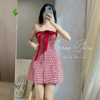Đầm bố caro xoè cúp ngực cài nút phối dây cột nơ - Đỏ,Freesize