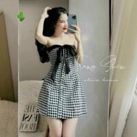 Đầm bố caro xoè cúp ngực cài nút phối dây cột nơ - Đen,Freesize
