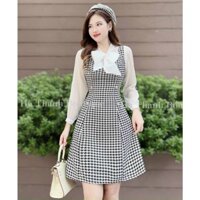 Đầm bố thời trang nữ sọc caro cổ sơ mi cài nơ đính cúc tay dài maxi chữ a phù hợp đi tiệc đi chơi chất bố