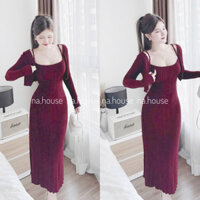 Đầm body 2 dây đỏ kèm áo khoác đi chơi dạo phố Nahouse set đầm nữ len ren dáng dài thiết kế đẹp xinh xắn xịn sang trọng