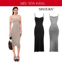 Đầm body 2 dây khoét eo sexy SISTERS dáng dài thun gân đen và xám ôm body tôn dáng gợi cảm Gise SIS-CLUB | SS3-D14