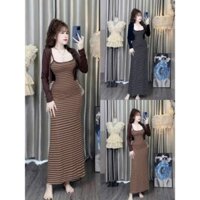 Đầm body 2s sọc đuôi cá dài kèm áo khoác croptop thun tăm tay dài phong cách thanh lịch dễ thương G9002