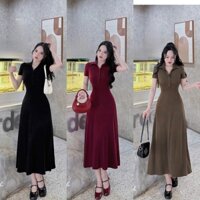 Đầm Body Basic Trơn Nữ Dáng Dài Xòe Cổ Bẻ Cài Khuy Tôn Dáng