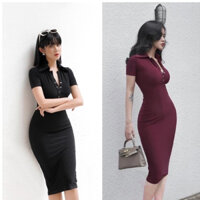 Đầm Body Cổ Bẻ Nút Bấm Gài Được thun Lụa dẻo