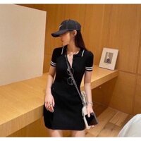 Đầm body có cổ phối tay sọc trắng ( đen - hồng )