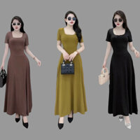 Đầm body cổ U tay ngắn dáng dài xòe sang chảnh thanh lịch chất thun tăm lạnh- Đầm đi tiệc, đi chơi, đi làm HK