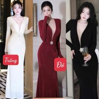 Đầm body cổ v khoét sâu dáng dài đuôi cá đính charm sang chảnh - thun ladong