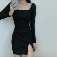 Đầm body cổ vuông tay dài xẻ trước ôm dáng gợi cảm
