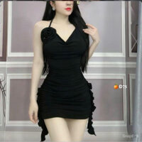 đầm body cổ yếm đổ hở ngực đính hoa hồng phối đính tua 2 bên hông sexy