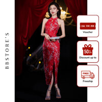 Đầm Body Cổ Yếm Dự Tiệc Chất Liệu Tơ Xốp Thêu Hoa Xẻ Tà Tôn Dáng BBSTORE'S -D2933