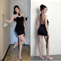 Đầm body cổ yếm hoa hồng tua rua sexy buổi tiệc