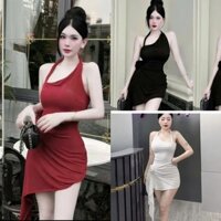 Đầm body cổ yếm lệch dây bính phối hoa eo tà có mút - thun ladong