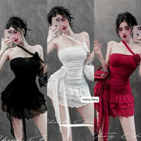 Đầm Body Cúp Chéo Cổ Chất Thun Lưới Dáng Ngắn Tầng Xoè Đính Hoa Tua Rua Có Lót Quần