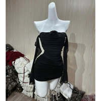 Đầm body cúp ống nhún trễ vai tay lưới loe trong suốt sang chảnh