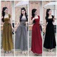 Đầm body dáng dài maxi hông phối hoa cổ U tay ngắn chất thun tăm lạnh-Đầm đi tiệc, đi chơi, đi làm H