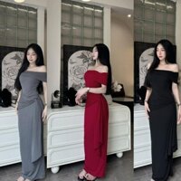 Đầm body dáng dài trễ vai nhún bụng phối dây hông chất thun Ladong tôn dáng đầm đi tiệc, đi chơi O7O