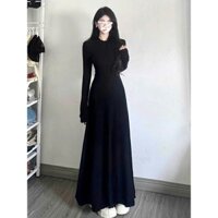 Đầm body dáng dài Váy đen dài tay mùa đông Váy liền dài tay màu đen váy dài kiểu Pháp mẫu mới 2024 đầu thu cho nữ