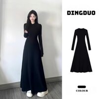 Đầm body dáng dài Váy đen dài tay mùa đông Váy liền dài tay màu đen váy dài kiểu Pháp mẫu mới thu