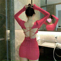 *Đầm BoDy đang dây lưng tay dài quá đẹp thời trang nữ mặc đi chơi chất liệu Umi cổ vuông ôm bó sát hở lưng