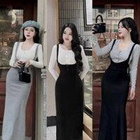 Đầm Body Dạng Yếm Mẫu Dài Mix Kèm Áo Ôm Dài Tay, Váy Đầm Nữ Đi Chơi Thời Trang Cao Cấp ROSE D098