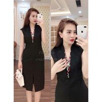 ĐẦM BODY ĐEN CỔ V KẾT ĐÁ MÀU