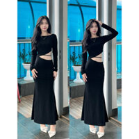 đầm body đen khoét eo dáng dài đuôi cá