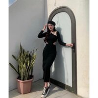 Đầm body đen khoét vai, eo