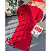 Đầm body đỏ tay dài dây rút