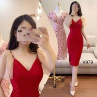 Đầm body đỏ tay phối lưới kim tuyến quảng châu