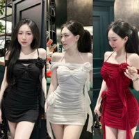 Đầm body dự tiệc cao cấp đỏ, đen, trắng đính hoa Sang Chảnh, Váy body trễ vai kết hoa nhún eo cao cấp, form ôm tôn dáng