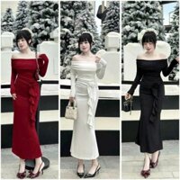 Đầm body đuôi cá dáng dài trễ vai nhún eo tà hông đính bông tay dài L909