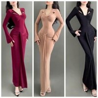 Đầm body đuôi cá tay dài cổ v xẻ sâu khoét vai cách điệu nhún bung phối tà dài - chất thun ladong