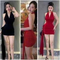 Đầm body form ngắn cổ đổ hở lưng nhún mông ĐÍNH BÔNG tua rua dài sexy.Chất Thunladong A28