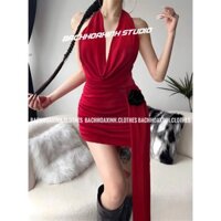 Đầm body form ngắn cổ đổ hở lưng nhún mông ĐÍNH BÔNG tua rua dài sexy