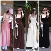 Đầm body hai dây bảng to cổ vuông Form dài dáng xòe ngực đính nút - thun tăm lạnh - đầm đi biển đi du lịch H