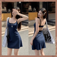 Đầm Body Hai Dây Dáng Ngắn Hở Lưng Có Đệm Ngực Váy Chữ A Màu Xanh Navy CATU