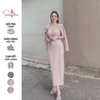 Đầm body hai dây kèm áo khoác CARDIGAN sọc nút ngực (MSP: LV013)