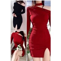 Đầm body hở vai xẻ tà dài tay