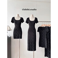 ĐẦM BODY HOA NHÍ TAY NGẮN CỔ VUÔNG PHONG CÁCH THỜI TRANG NỮ