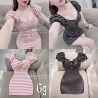 Đầm body kẻ sọc chất thun tăm gân co giãn (có mút sẵn)