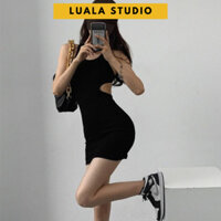 Đầm body khoét eo hở lưng Luala váy ôm form ngắn chất liệu thun gân dày dặn màu đen phong cách Hàn Quốc Freesize