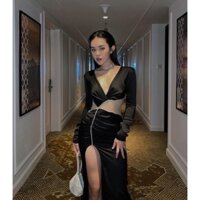 💃💃đầm body khoét phối eo lưới đính đá💃💃 chất liệu: tuyết phi phối lưới eo đính đá, có mút