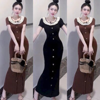Đầm Body Maxxi Tay Ngắn Cổ Phối Ren Hàng Nút Dài Dáng Dài Đuôi Cá Chất Tăm Lạnh Co Giãn