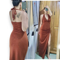 Đầm body nâu cổ yếm xẻ tà size S eo dưới 65cm ( Quận Tân Phú, hoả tốc hcm )