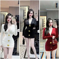 Đầm body nhún eo đính đá cổ khoét sâu