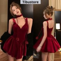 Đầm Body Nhung Hai Dây Cúp Ngực Đầm Dự Tiệc Nữ Sang Chảnh Đi Chơi Tết Noel D236